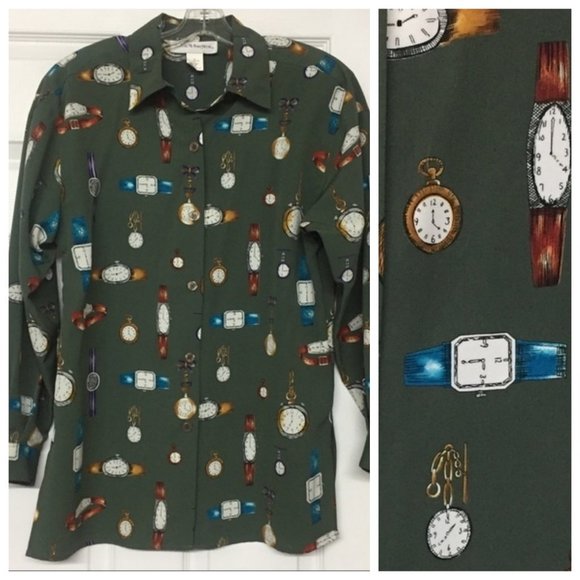 Norton McNaughton Tops - Vintage Norton McNaughton Novelty Watch Print Green Button Front Top Blouse Sz 6
